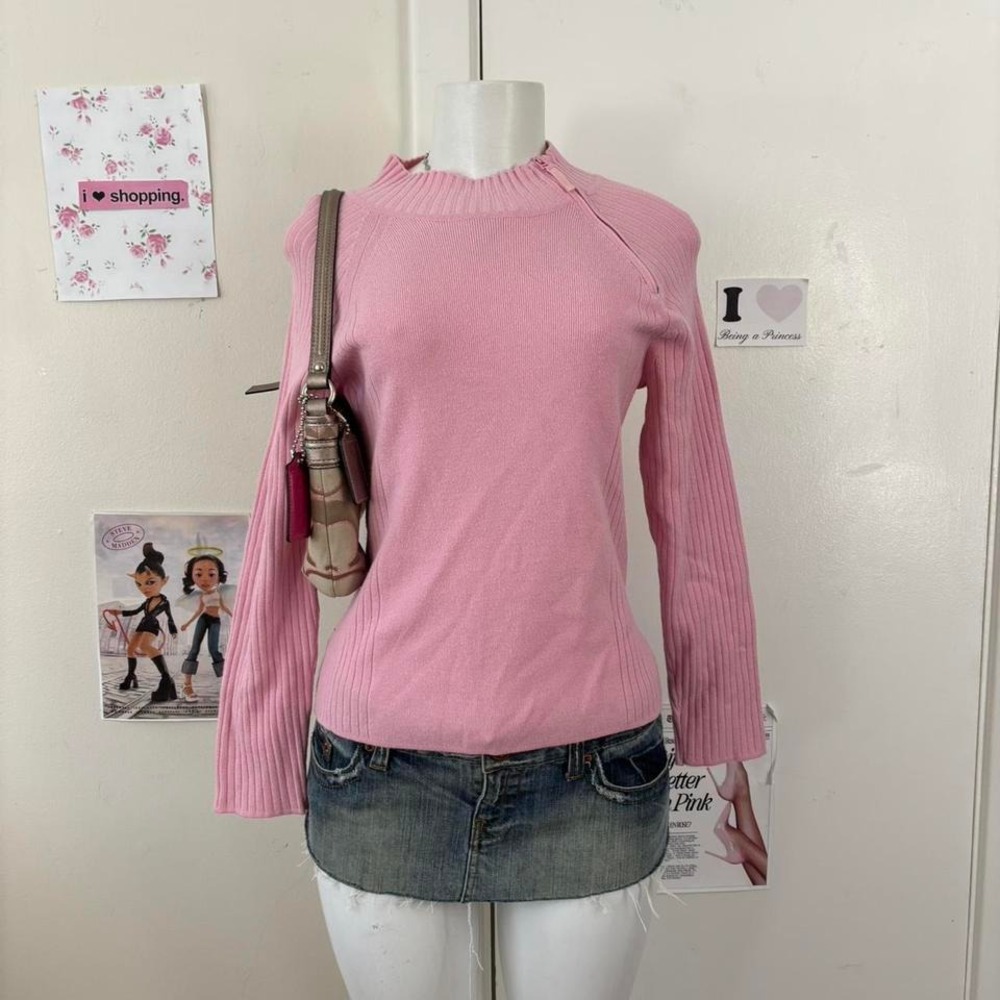 / BCleo Petites Y2K Pink Ribbed Mock Neck Zip-Shoulder Sweater S/P — Coquette - Picture 5 of 7